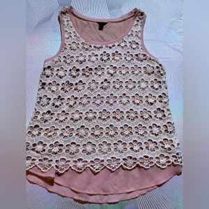 ANN TAYLOR top, white crochet, pink tank, size S